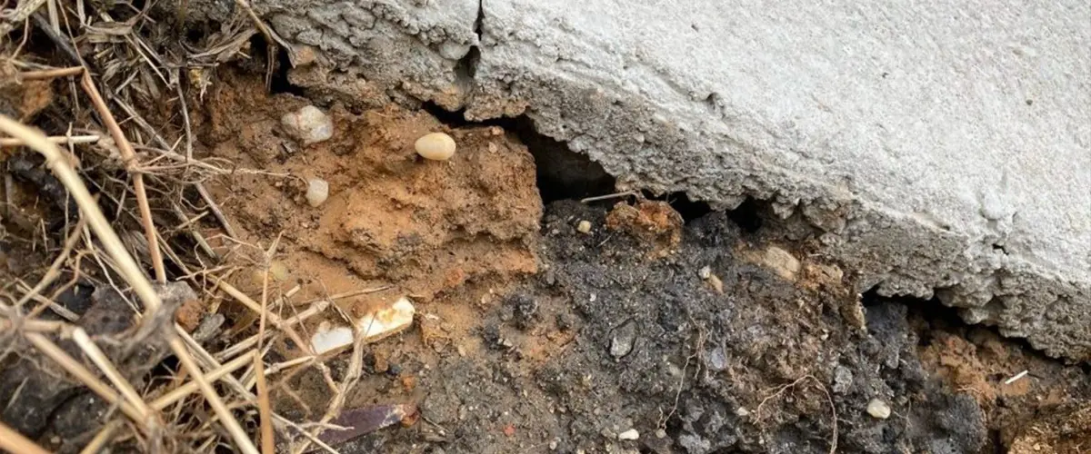 Cracks in the foundation and muddy ground around it