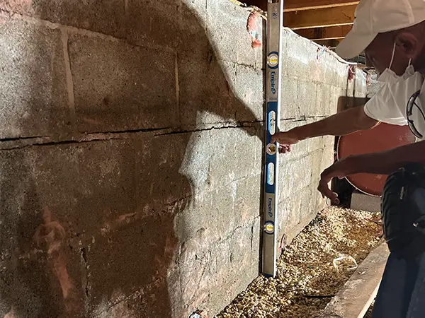 A contractor leveling the basement wall