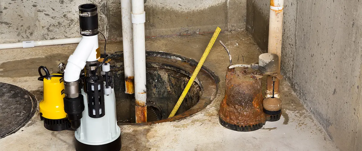 A dated sump pump being replaced with a new, plastic sump pump