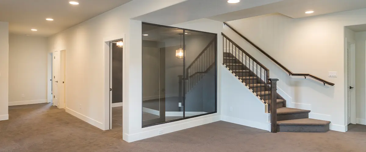 An empty, beautiful basement with a carpet floor