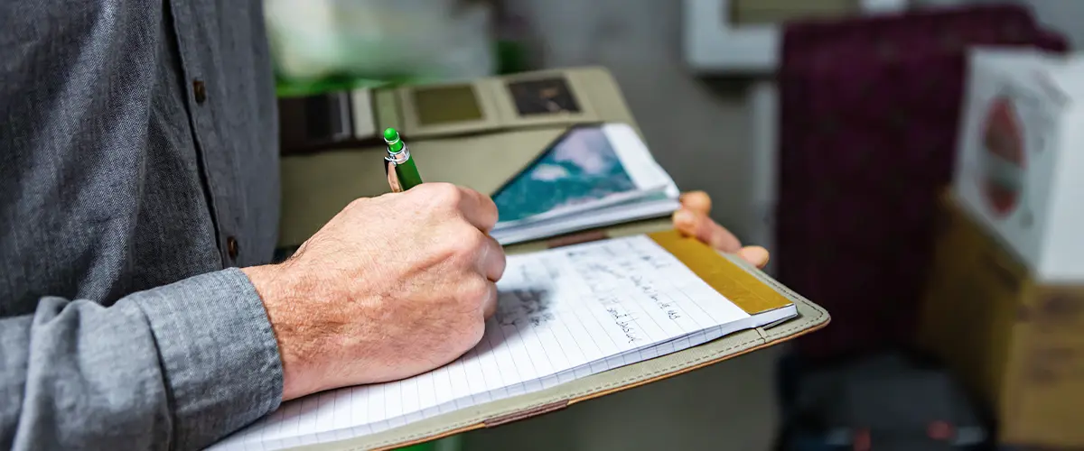 Inspector Holding A Notebook In His Hand in a Home Basement