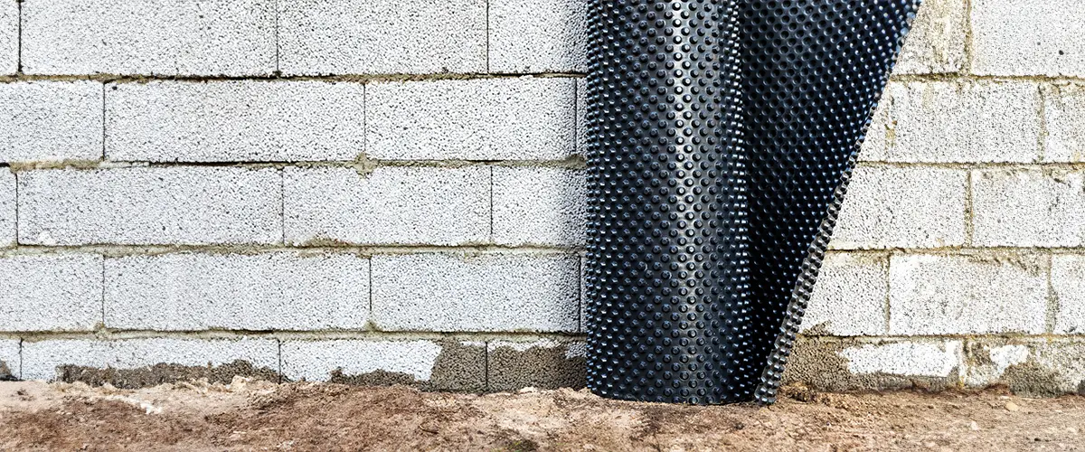 Close up view of a concrete block foundation wall with a roll of black dimpled drainage membrane partially unrolled beside it, for basement waterproofing in Hyattsville